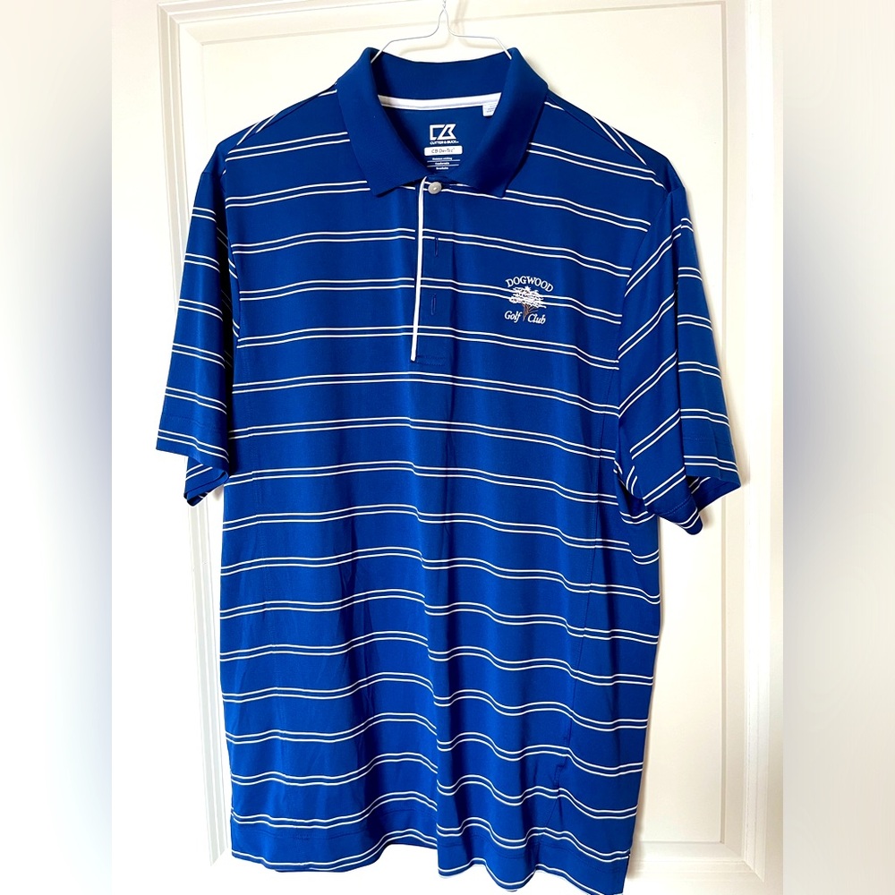 Men’s Cutter and Buck Drytec Golf Polo - royal blue w/white stripe, size L